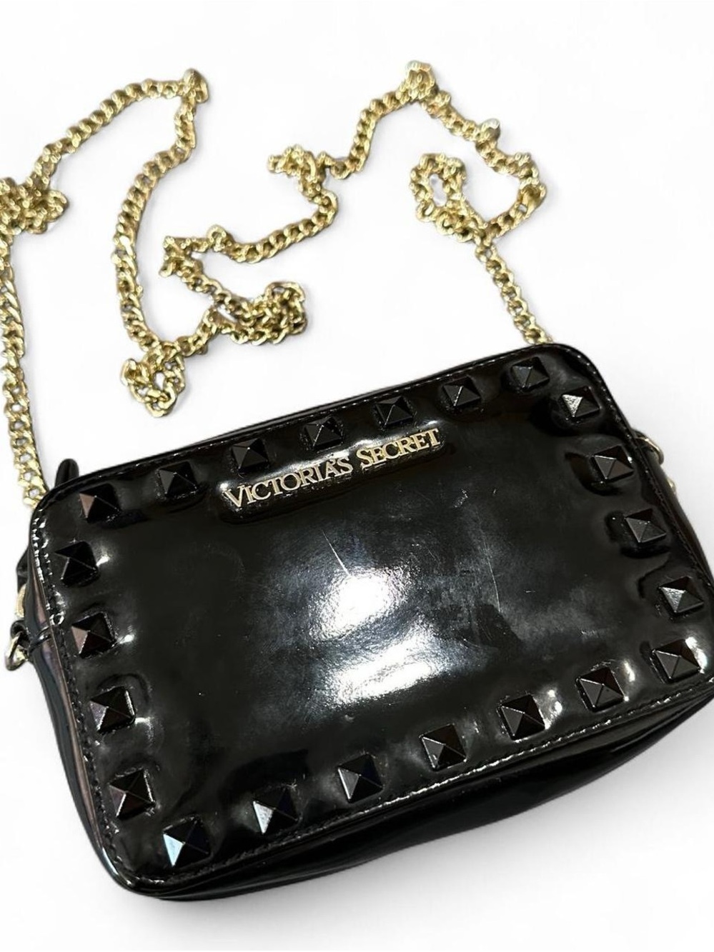 Victoria's Secret Black Patent Crossbody with Gold Chain and Studs